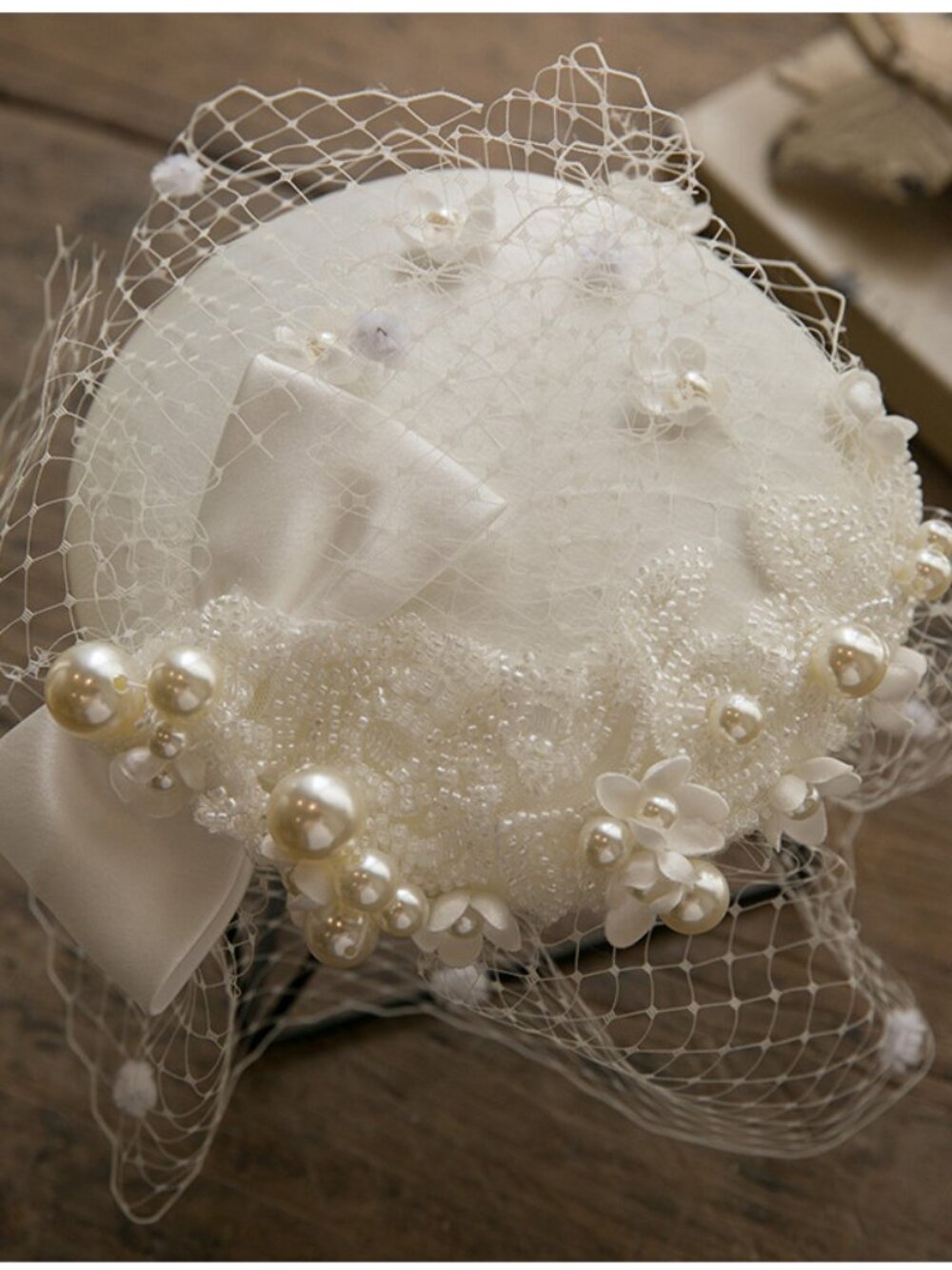 Pearl Beaded Bridal Pillbox Hat / Vintage Inspired Birdcage Veil / Fascinator